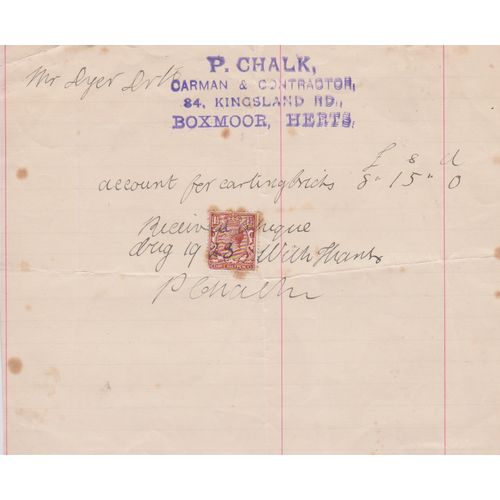 Receipt 1923 for P Chalk contractor Boxmoor Herts regarding carting bricks