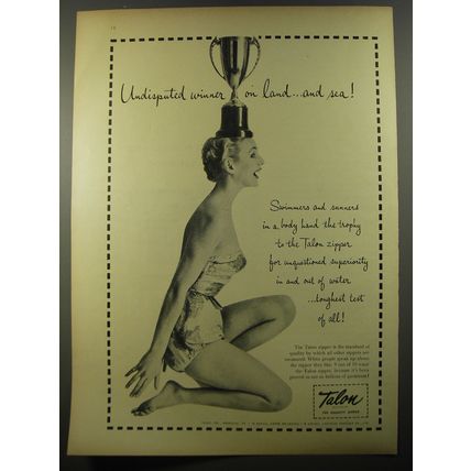 1954 Talon Zippers Ad - Undisputed winner on land ..and sea!