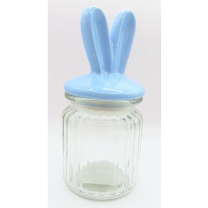 Blue Bunny Jar Wabbit Ears Fluted Glass 19 CM Gift Home Decor Storage Kitchen