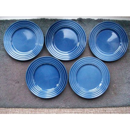 Vogue by John Tams 5 DARK BLUE RING PATTERN DINNER PLATES 27.3cms VINTAGE **GC**