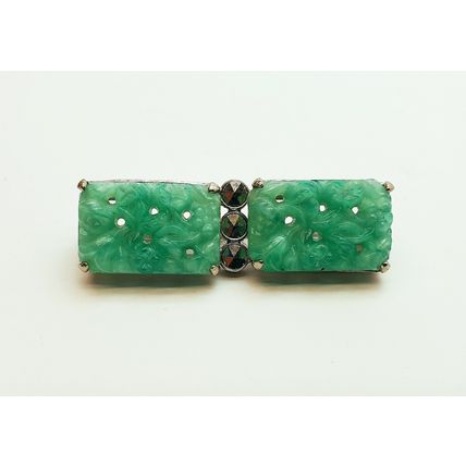Vintage 1930s Art Deco Czech Green Peking Glass Necklace & Brooch Jewellery Set