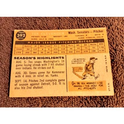 1960 Topps # 392 Tex Clevenger Washington Senators Pitcher 6.0 EX/NM Shape (CG)
