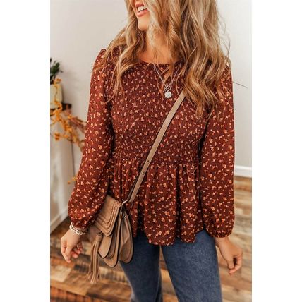 Boho Floral Smocked Bust Ruffled Peplum Blouse