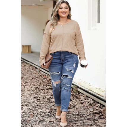 Khaki Plus Size Textured Drop Shoulder Exposed Seam Top