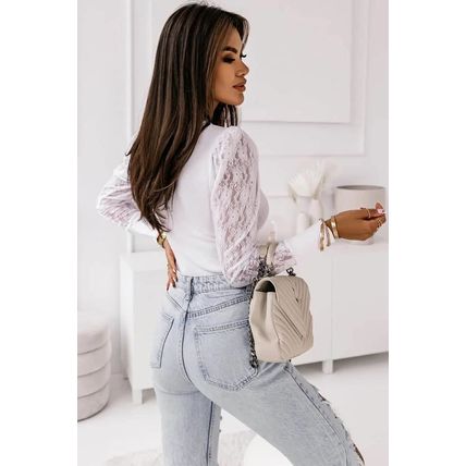 White Lace Splicing Sleeve Ribbed Slim Top