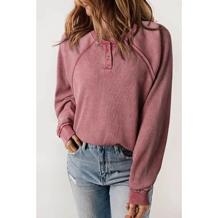 Red Waffle Knit Raglan Sleeve Henley Sweatshirt