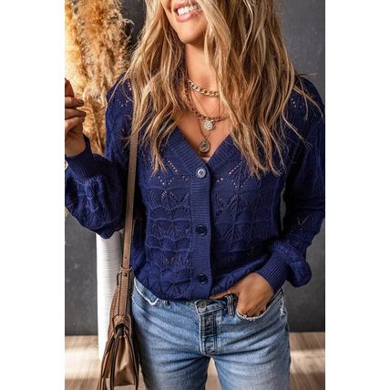 Blue Lightweight Buttoned Front Crochet Cardigan