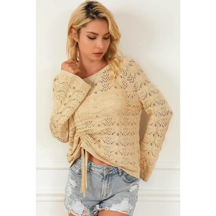 Khaki Hollowed Knit Asymmetric Drawstring Sweater