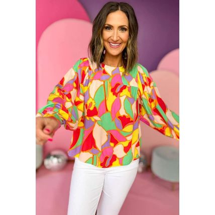 Yellow Abstract Print Puff Sleeve Blouse