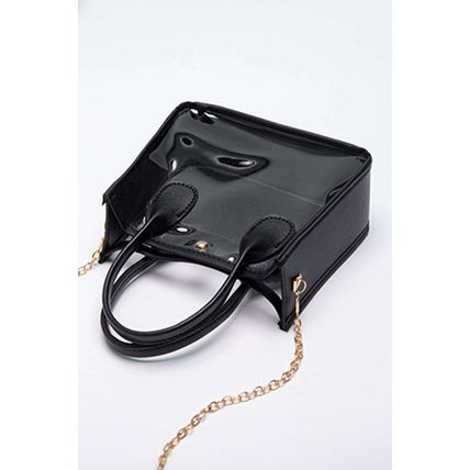Black PVC PU Leather Patchwork Chain Strap Shoulder Bag
