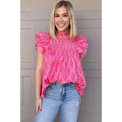 Rose Red Floral Print Pleated Ruffled Flutter Sleeve Blouse