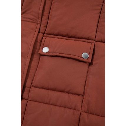 Coffee Quilted Puffer Stand Neck Zipped Mid-length Coat