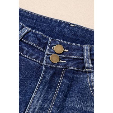 Sail Blue High Rise Dual Button Distressed Raw Hem Flared Jeans