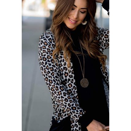 Black Leopard Patched Pocket Open Front Cardigan