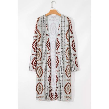 Brown Western Aztec Printed Open Front Long Cardigan