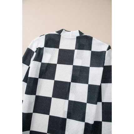 Black Checkered Waffle Knit Thumbhole Open Front Cardigan