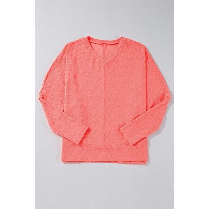 Apricot Pink Oversized Floral Jacquard V Neck Long Sleeve Top