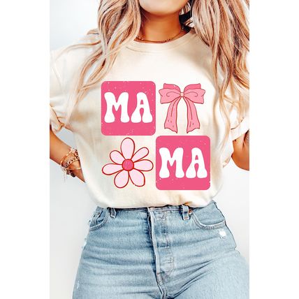 White MAMA Bow Flower Print Crewneck T Shirt