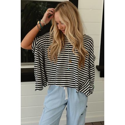 Black Stripe Batwing Sleeve Crewneck Oversized Top