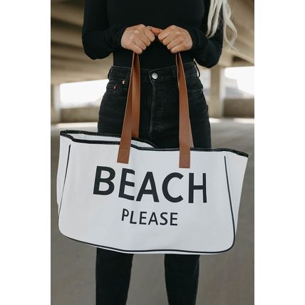 Bright White BEACH PLEASE Print Large Canvas Tote Bag