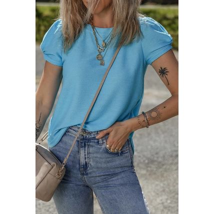 Light Blue Bubble Sleeve Solid Color Elegant T-Shirt
