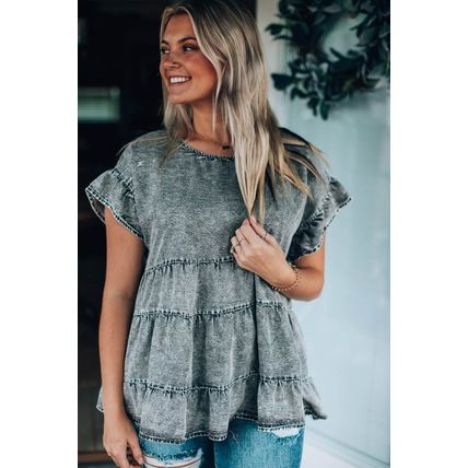 Gray Flutter Sleeves Tiered Denim Top