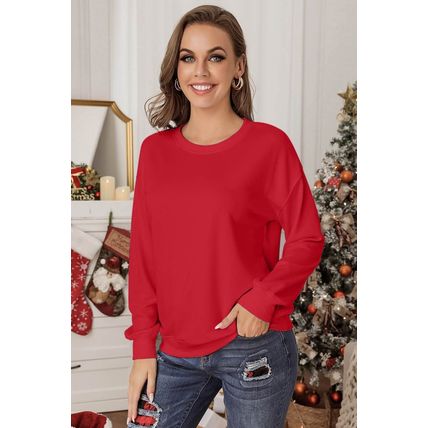 Red Plain Crew Neck Pullover Sweatshirt