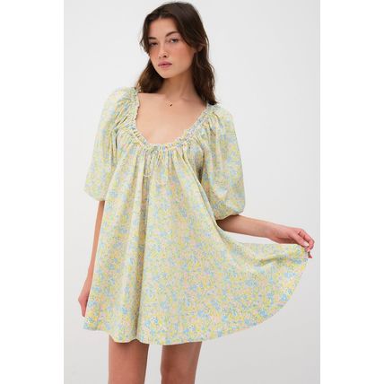 Green Floral Half Sleeve Frilled U Neck A-line Short Dress