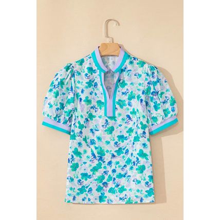 Green Floral Print Striped Trim Split V Neck Puff Short Sleeve Blouse