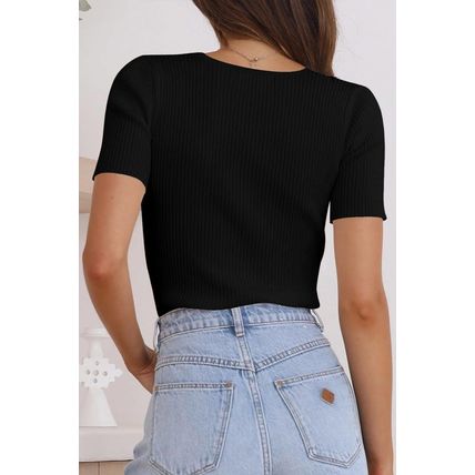 Black V Neck Ribbed Knit Lightweight Short Sleeve Sweater