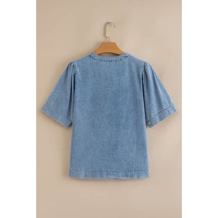 Myosotis Pintuck Pleats Puff Sleeve Split V Neck Summer Denim Top