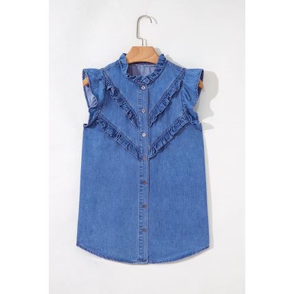 Sky Blue Mineral Wash Frilled Button Up Denim Shirt