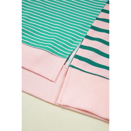 Green Stripe Color Block Exposed Seam Side Slit Plus Size Sweatshirt