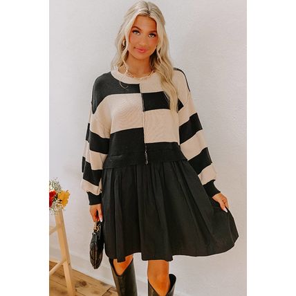 Black Stripe Two in One Knitted Top High Waist Splicing Hem Sweater Dress