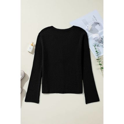 Black Lightweight Ribbed Knit Button Front V Neck Cardigan