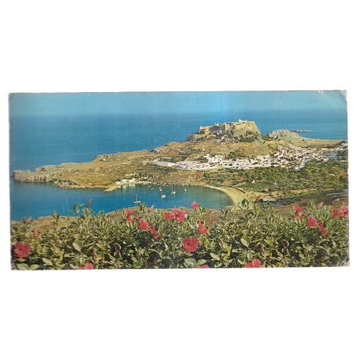 LINDOS AND THE ACROPOLIS, RHODES . large used postcard 19 X 10 cms 1978 pm #