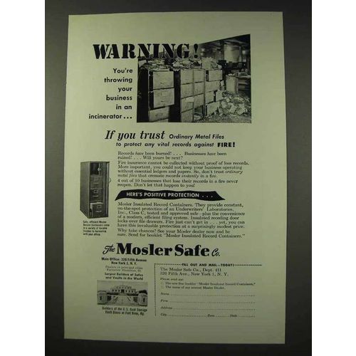 1949 Mosler Insulated Record Container Safe Ad