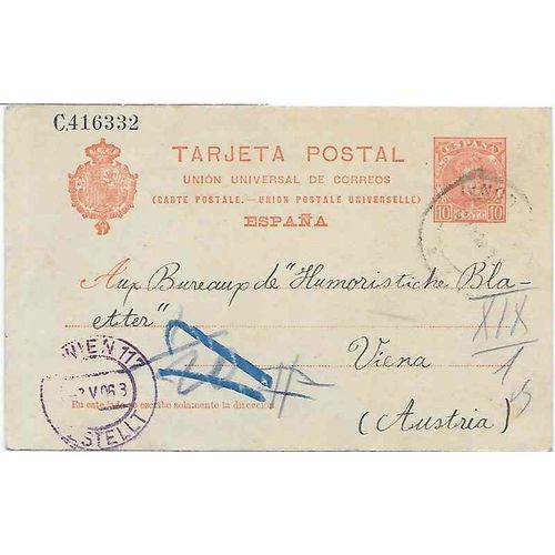 Spain Postal Card 1904 Barcelona to Vienna, Austria