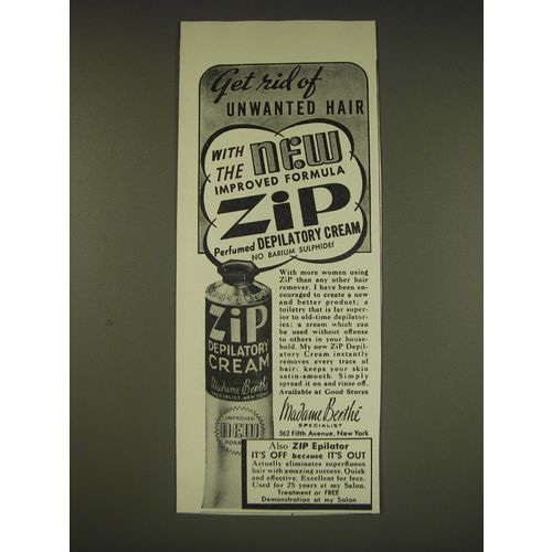 1939 Zip Depilatory Cream Ad - Get rid of unwanted hair