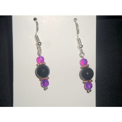 Faceted black with clear hot purple glass short drop earrings