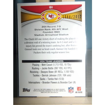 2012 Topps AFC WEST DIVISION - KANSAS CITY CHIEFS Gold Card #81 (1088/2012)