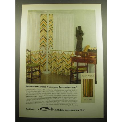 1958 Celanese Fortisan Fiber Ad - Schumacher's stripe from gay Guatemalan scarf