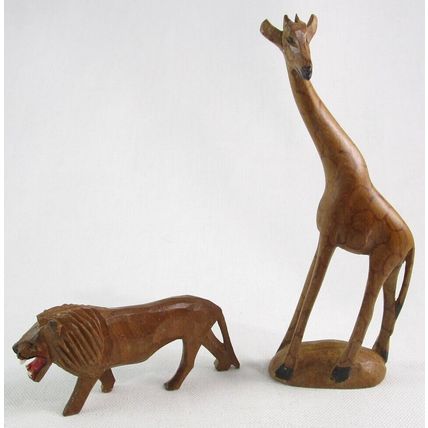 Lot of TWO Hand Carved Wooden Animal Figurines, 5-7/8" Giraffe and 1-5/8" Lion