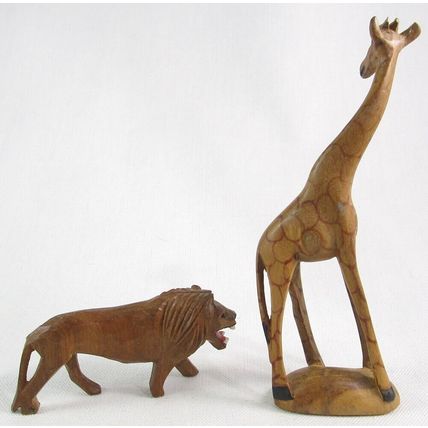 Lot of TWO Hand Carved Wooden Animal Figurines, 5-7/8" Giraffe and 1-5/8" Lion
