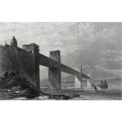 BRITANNIA TUBULAR BRIDGE OVER THE MENAI STRAITS 1851 VICTORIAN ENGRAVING