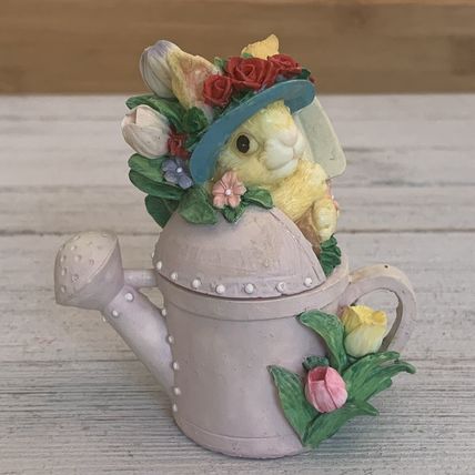 Vintage Bunny Rabbit Watering Can Lidded Trinket Box Tulips Roses Sun Bonnet Hat