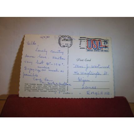 THREE SHIPS, JAMESTOWN, VIRGINIA, USA. used postcard 1980 pm =