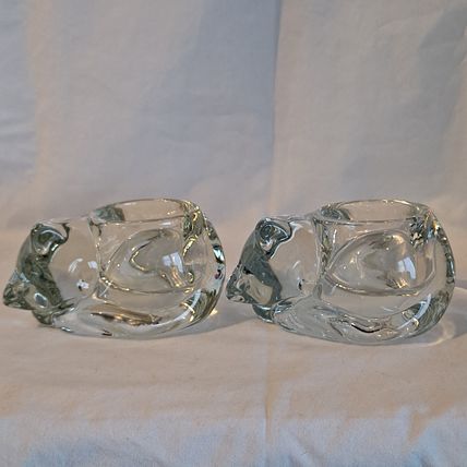 Indiana Glass Heavy 2 Clear CRYSTAL SLEEPING CAT Votive tea light Candle Holder