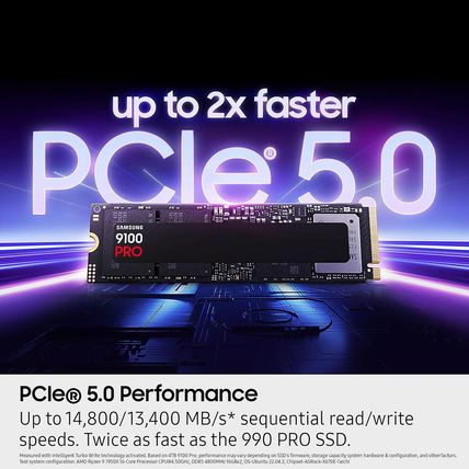 SAMSUNG SSD 9100 PRO 1TB, Pcie 5.0X4 M.2 2280, Seq. Read Speeds up to 14,800Mb/S