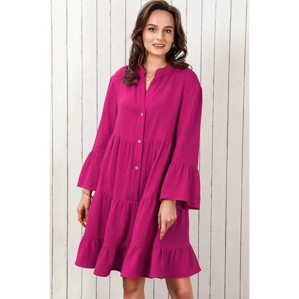 Rose Crinkled Tiered Split Neck Shirt Dress